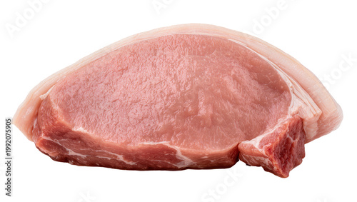 Foto Isolated raw fresh pork loin chop steak with fat, uncooked gourmet meat food ing