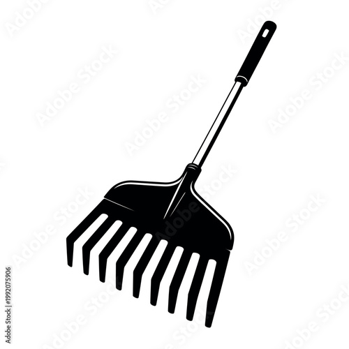A black and white illustration of a garden rake on a plain background