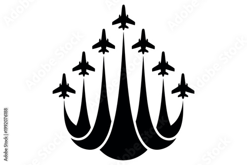 A stylized illustration of six airplanes flying in formation behind a crown