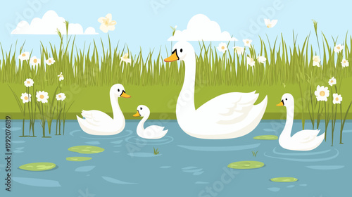 Animated illustration of swans swimming in a pond with grass, flowers, lily pads, and clouds