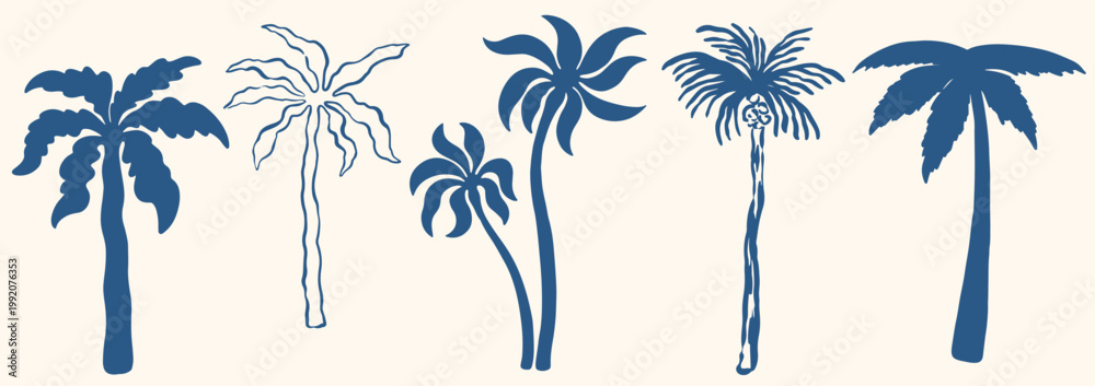 Obraz premium Hand drawn doodle palm tree set. Summer coastal minimal tropical motif for greeting cards, posters, poster and placard design prints. Vector ink concept vacation ocean, beach and travel.