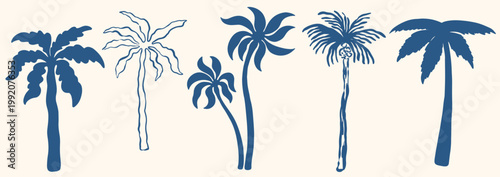 Hand drawn doodle palm tree set. Summer coastal minimal tropical motif for greeting cards, posters, poster and placard design prints. Vector ink concept vacation ocean, beach and travel.