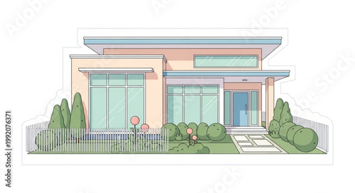 Modern Single Family Home with Green Landscaping and White Fence.