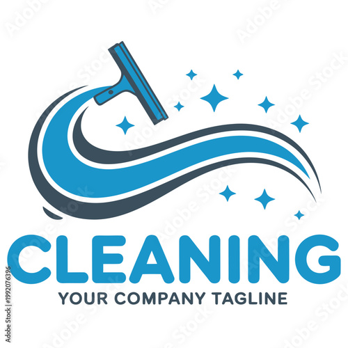 A blue and gray cleaning company logo with a squeegee and sparkles