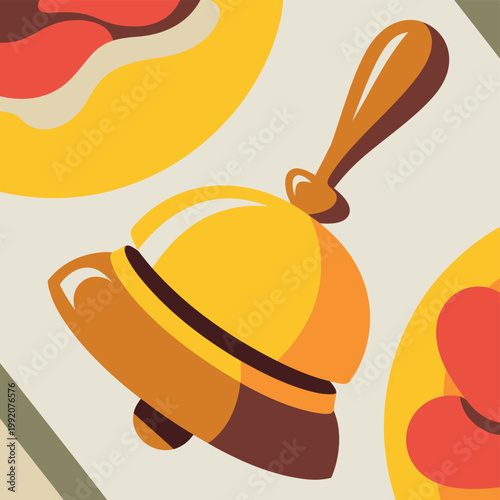 A colorful illustration of a bell and donuts on a beige background