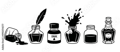 Ink bottle set with quill pen and black splash icons. Vintage calligraphy accessories and writing liquid containers in flat black and white vector illustration style for artistic graphic design projec