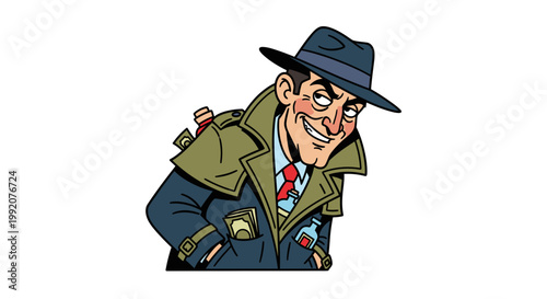 Suspicious Man Selling Contraband Goods Vector Illustration, Retro Noir Style Character with Hidden Items in Trench Coat for Crime or Underworld Concept Art