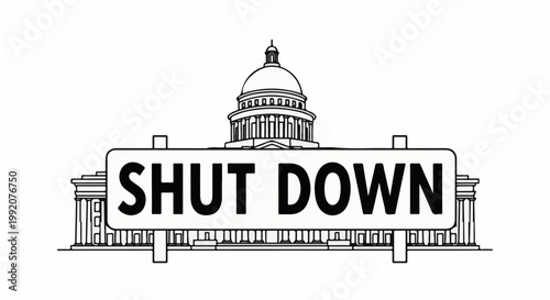 Stylized illustration of a capitol building with the words "SHUT DOWN" prominently displayed