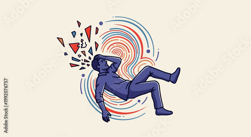A person collapses, with abstract geometric and circular shapes emanating from their head