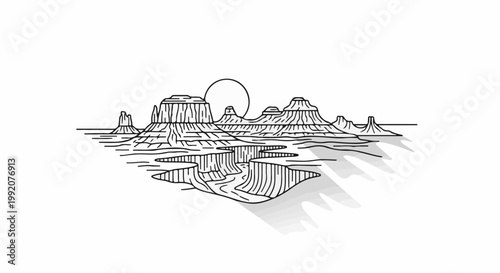 Stylized illustration of a desert mesa landscape with a sun and shadow