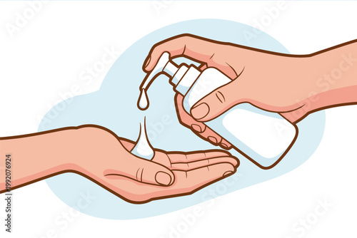 A hand applying hand sanitizer to another hand for hygiene and cleanliness.