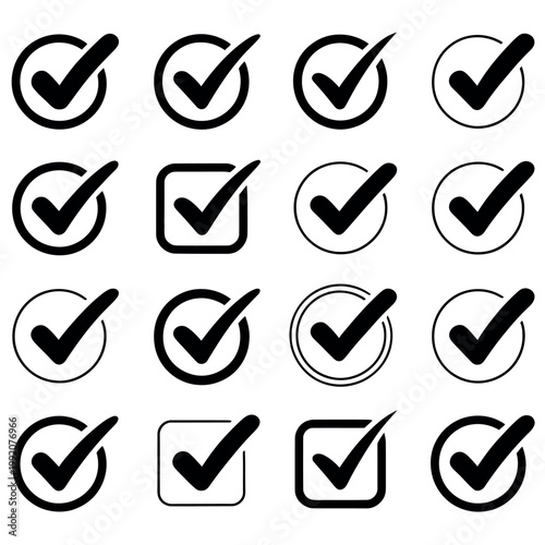 A collection of black checkmark icons on a white background for design