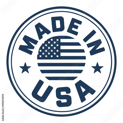 A circular Made in USA stamp with an American flag design