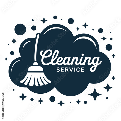 A cleaning service logo with a broom and cloud design elements