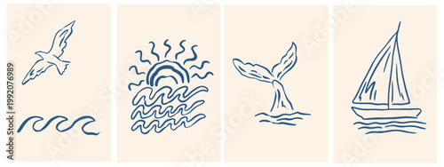 Hand drawn coastal summer vacation cards. Italian amalfi sicily doodle beach illustration. Tropical naive coastal sketch style elements. Vector seaside travel collection for poster, invitation, party