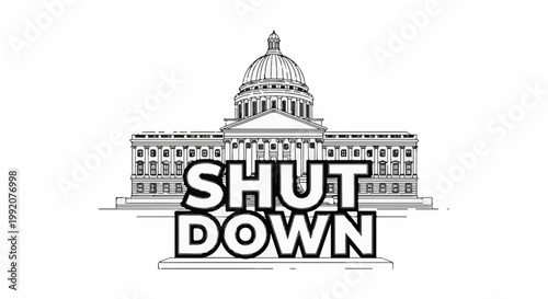 Stylized illustration of a government building with large text "SHUT DOWN" in front