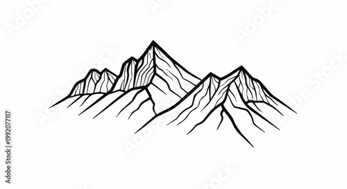Stylized black ink drawing of jagged mountain peaks against a white background