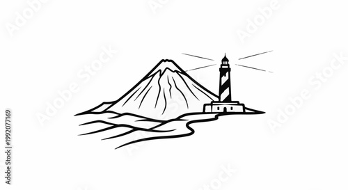 Stylized illustration of a lighthouse and mountain by the sea