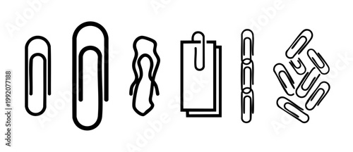 Paper clip icon set, office stationery design elements for document organization and data connection, minimalist vector illustrations of metal clips attached to paper sheets and linked in a chain sequ
