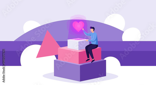 Man Interacting with Digital Heart Hologram on Geometric Blocks, Abstract Background