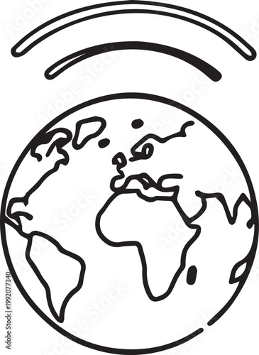 Line art illustration of the Earth with wireless signal waves emanating from above, symbolizing global connectivity.