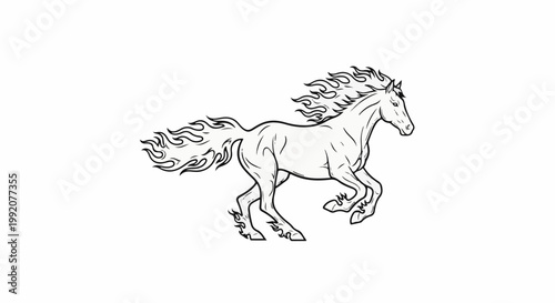 Stylized black line drawing of a horse with fiery mane and tail in mid-gallop