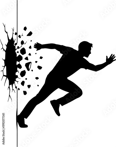 Silhouette of a man running and breaking through a wall