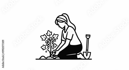 Stylized illustration of a person gardening, planting a small berry bush
