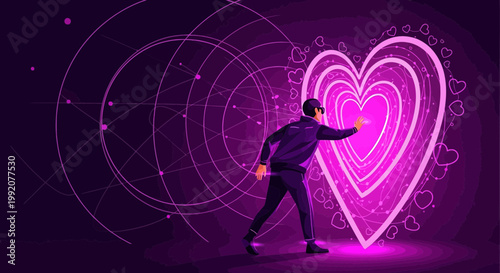 Man Interacting with Digital Heart Interface, Futuristic Love Technology Concept