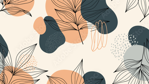 Contemporary floral pattern with abstract line drawings of leaves over muted color blobs for a stylish background.