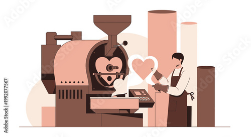 Coffee Roaster Machine with Heart Symbol, Barista and Abstract Shapes
