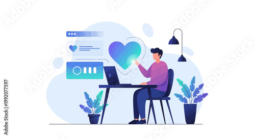 Man Interacting with Digital Heart Interface, Online Love, Social Media Engagement