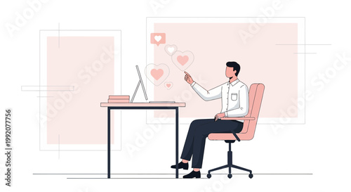 Man Interacting with Digital Hearts on Computer Screen, Online Love and Social Media Likes Concept