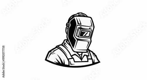 Stylized illustration of a welder wearing a protective helmet and work clothes