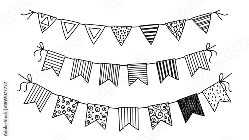 Set of three decorative party bunting garlands with various flag shapes and patterns for festive celebration themes.