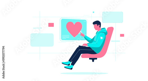 Man Interacting with Digital Interface Showing Heart Symbol, Online Love and Technology Concept