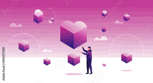 Man Interacting with Floating Geometric Heart and Cubes, Abstract Digital Art