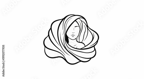 Stylized illustration of a woman's head, face obscured by flowing hair