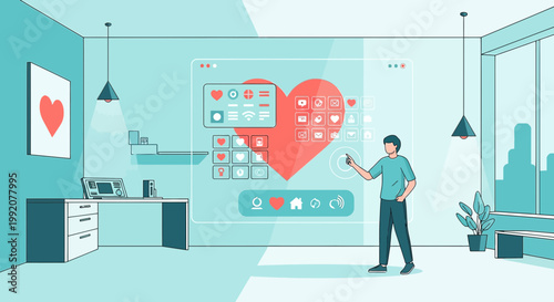 Man Interacting with Futuristic Digital Interface Displaying Heart Icons and Data
