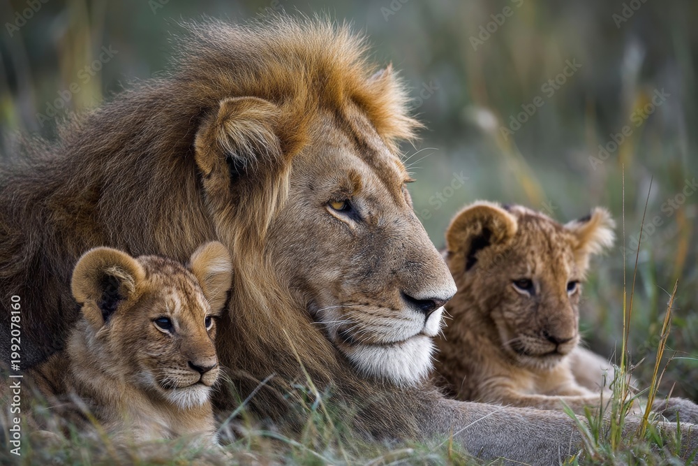 Fototapeta premium Portrait of a lion playing with its cubs