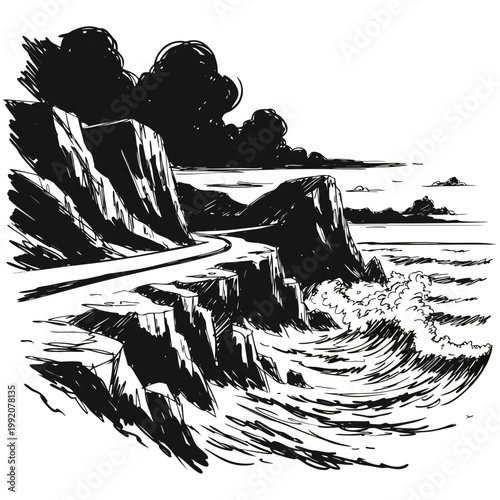 Scenic coastal landscape with winding road on high cliffs and ocean view in black and white sketch style