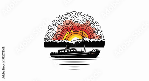 Stylized boat sailing on water under a colorful abstract sunset over mountains