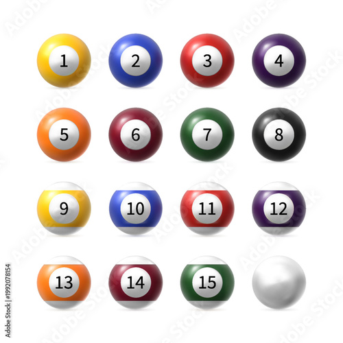 3D Billiard balls with numbers from 1 to 15, realistic mockup vector icons set different colors sports game equipment