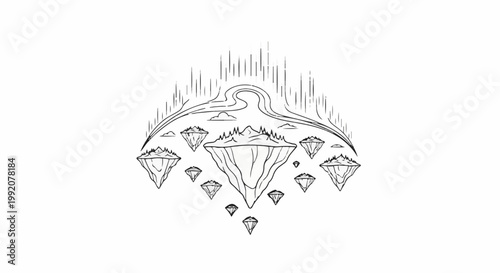 Stylized illustration of floating islands with aurora-like light show above