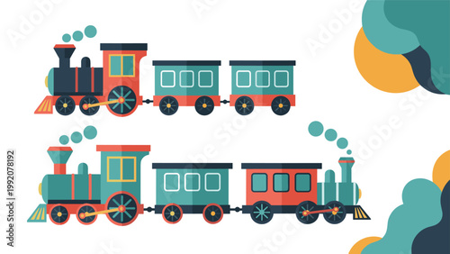 Colorful flat design illustration of two different toy train engines with passenger cars and smoke puffs on white.