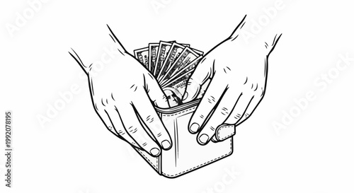 Stylized illustration of hands holding a wallet stuffed with US dollar bills