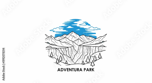 Stylized illustration of mountains, canyon, trees, and clouds