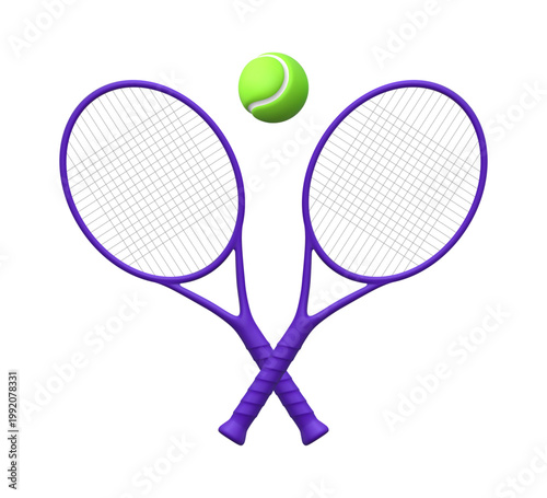 A realistic green tennis ball with crossed purple rackets.