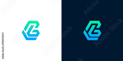 Modern abstract letter 'LC' logo design, clean lines and geometric shapes with gradient blue and green colors on white and dark backgrounds