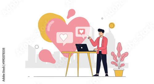 Man Interacting with Social Media Likes and Hearts on Laptop